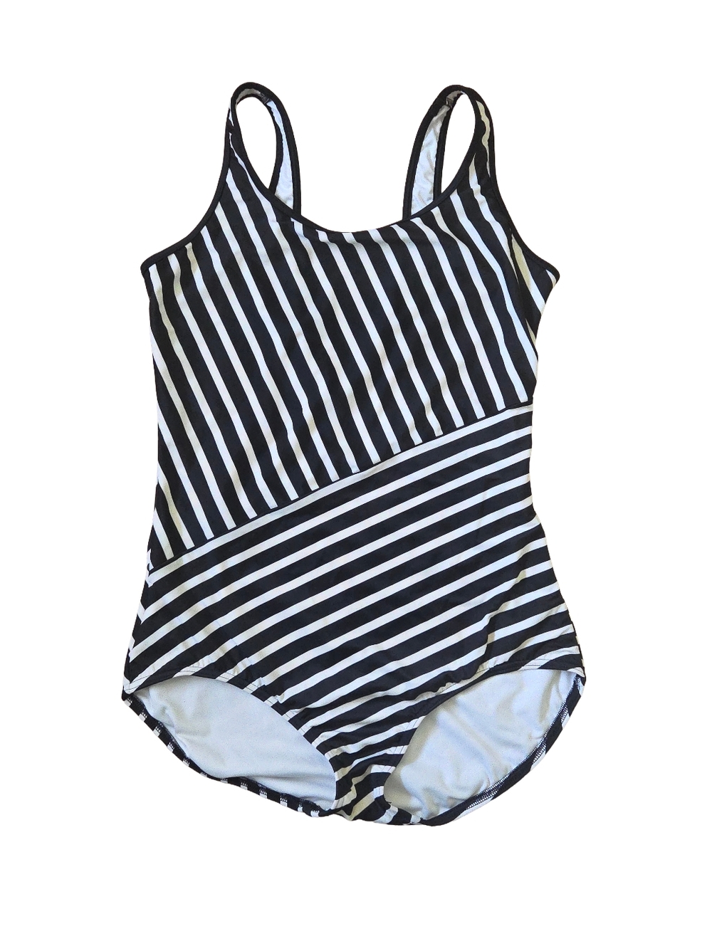 Classic Style Black and White Striped One-Piece Land's End Swimsuit, Size 10